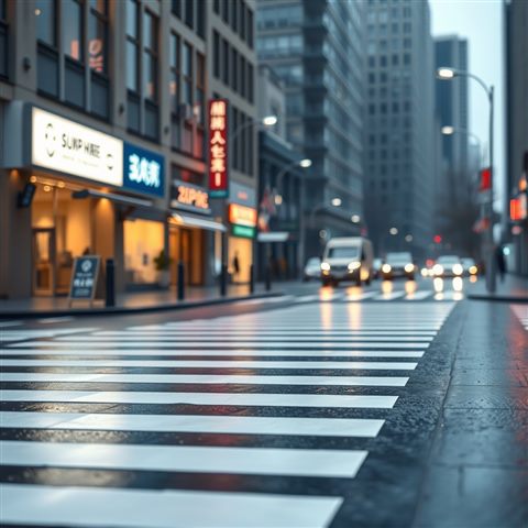 Soft 3D render of A clean white striped crosswalk on a wet asphalt city street reflecting city lights, close-up detail with shallow depth of field, misty morning haze, dreamy, 1:1 aspect ratio