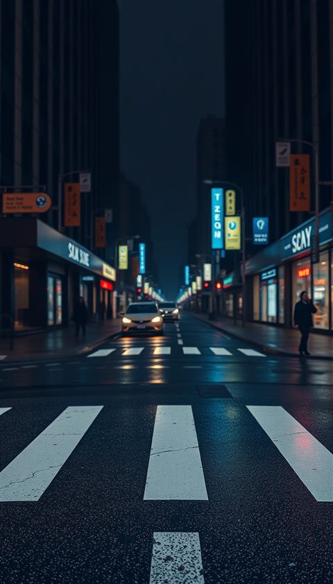 Photorealistic photo of A clean white striped crosswalk on a wet asphalt city street reflecting city lights, centered subject with a simple uncluttered composition, moody dark tones, dramatic lighting, 9:16 aspect ratio