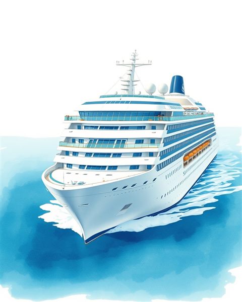 Watercolor illustration of A large white luxury cruise ship sailing across calm turquoise ocean waters, centered subject with a simple uncluttered composition, cool blue tones, quiet atmosphere, 4:5 aspect ratio