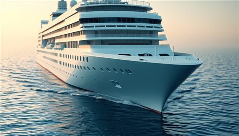 Soft 3D render of A large white luxury cruise ship sailing across calm turquoise ocean waters, close-up detail with shallow depth of field, misty morning haze, dreamy, 16:9 aspect ratio