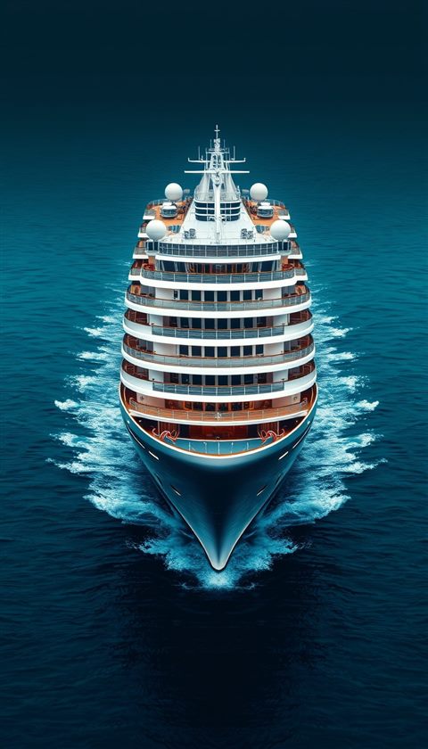 Photorealistic photo of A large white luxury cruise ship sailing across calm turquoise ocean waters, wide shot with open space at the top for text, moody dark tones, dramatic lighting, 9:16 aspect ratio