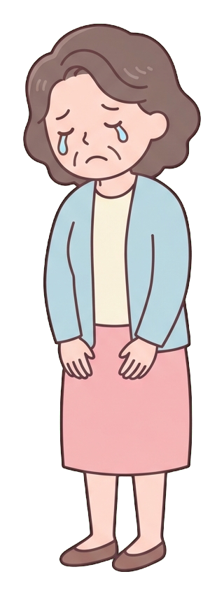 Simple cute flat cartoon illustration with soft pastel colors and thin clean dark outlines of a middle-aged woman, sad person crying with tears, transparent background PNG