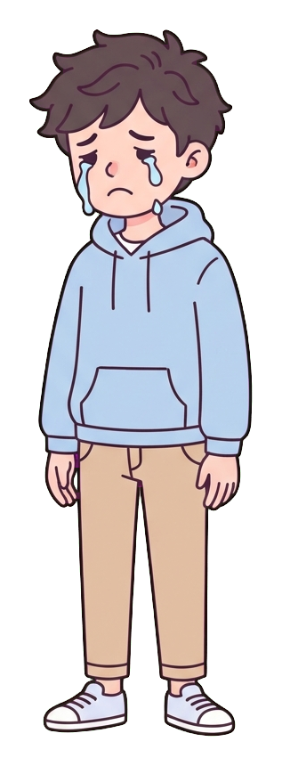 Simple cute flat cartoon illustration with soft pastel colors and thin clean dark outlines of a young man, sad person crying with tears, transparent background PNG