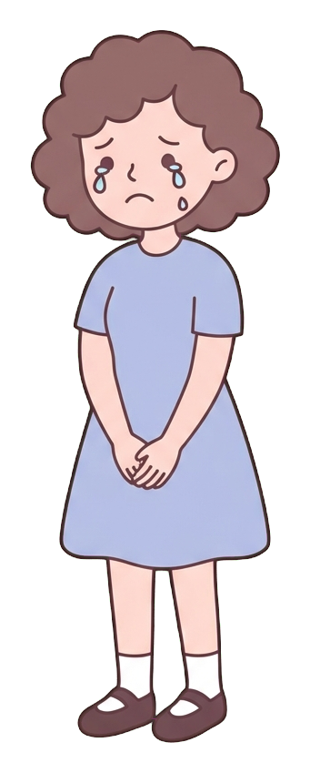Simple cute flat cartoon illustration with soft pastel colors and thin clean dark outlines of a young woman, sad person crying with tears, transparent background PNG