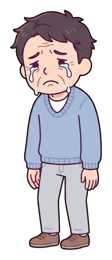 Simple cute flat cartoon illustration with soft pastel colors and thin clean dark outlines of a middle-aged man, sad person crying with tears, transparent background PNG