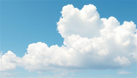 Soft 3D render of Fluffy white cumulus clouds floating across a bright blue summer sky, centered subject with a simple uncluttered composition, misty morning haze, dreamy, 16:9 aspect ratio