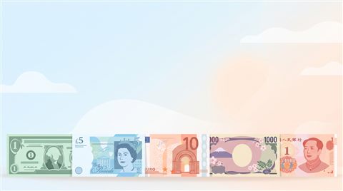 Minimal flat illustration of world currency banknotes, wide shot with open space at the top for text, soft pastel colors, bright and cozy, 16:9 aspect ratio