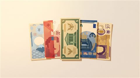 Minimal flat illustration of world currency banknotes, centered subject with a simple uncluttered composition, warm golden light, calm mood, 16:9 aspect ratio