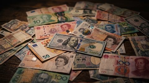Photorealistic photo of world currency banknotes, close-up detail with shallow depth of field, moody dark tones, dramatic lighting, 16:9 aspect ratio
