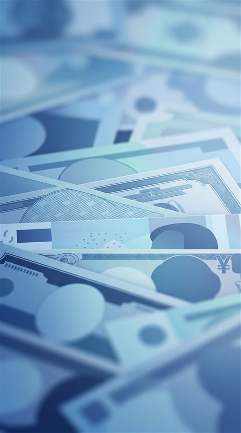 Minimal flat illustration of world currency banknotes, close-up detail with shallow depth of field, cool blue tones, quiet atmosphere, 9:16 aspect ratio