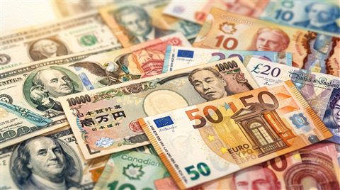 Watercolor illustration of world currency banknotes, close-up detail with shallow depth of field, warm golden light, calm mood, 16:9 aspect ratio