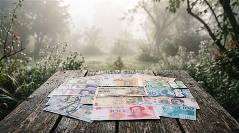 Photorealistic photo of world currency banknotes, centered subject with a simple uncluttered composition, misty morning haze, dreamy, 16:9 aspect ratio
