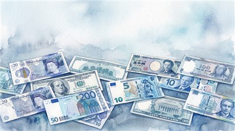 Watercolor illustration of world currency banknotes, wide shot with open space at the top for text, cool blue tones, quiet atmosphere, 16:9 aspect ratio