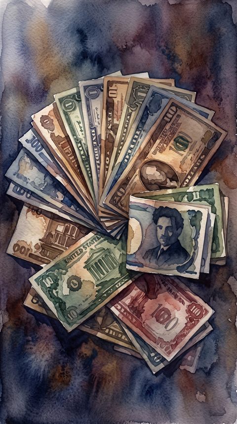 Watercolor illustration of world currency banknotes, centered subject with a simple uncluttered composition, moody dark tones, dramatic lighting, 9:16 aspect ratio