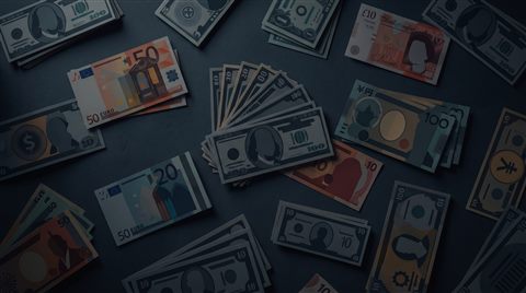 Minimal flat illustration of world currency banknotes, high-angle view from above, moody dark tones, dramatic lighting, 16:9 aspect ratio