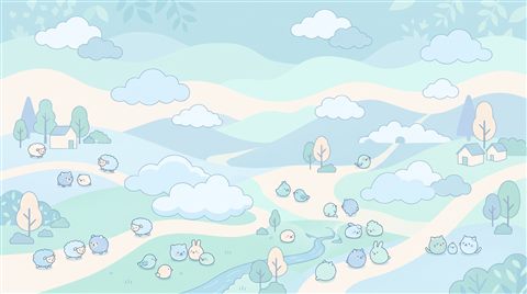 Minimal flat illustration of cute pastel scene with small round animals and clouds, high-angle view from above, cool blue tones, quiet atmosphere, 16:9 aspect ratio