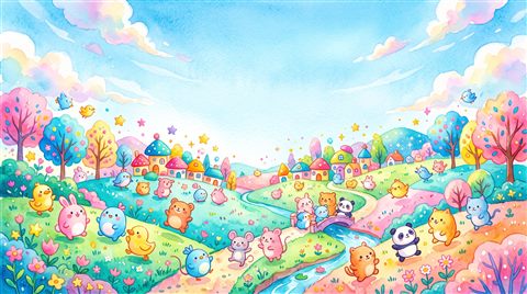 Watercolor illustration of cute pastel scene with small round animals and clouds, wide shot with open space at the top for text, vivid colors, high contrast, energetic, 16:9 aspect ratio