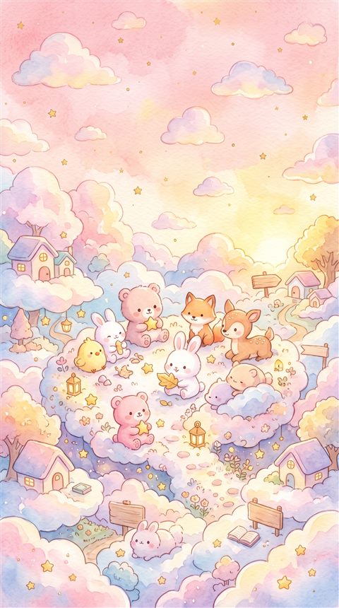 Watercolor illustration of cute pastel scene with small round animals and clouds, high-angle view from above, warm golden light, calm mood, 9:16 aspect ratio