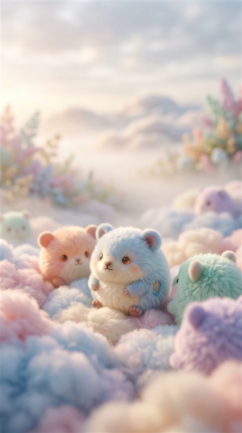 Cinematic film still of cute pastel scene with small round animals and clouds, close-up detail with shallow depth of field, misty morning haze, dreamy, 9:16 aspect ratio