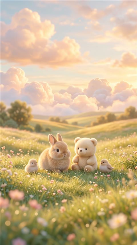 Photorealistic photo of cute pastel scene with small round animals and clouds, centered subject with a simple uncluttered composition, warm golden light, calm mood, 9:16 aspect ratio