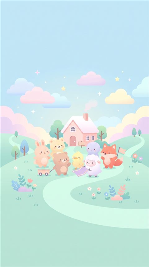 Minimal flat illustration of cute pastel scene with small round animals and clouds, centered subject with a simple uncluttered composition, soft pastel colors, bright and cozy, 9:16 aspect ratio