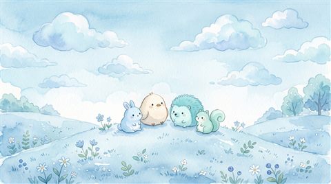 Watercolor illustration of cute pastel scene with small round animals and clouds, centered subject with a simple uncluttered composition, cool blue tones, quiet atmosphere, 16:9 aspect ratio