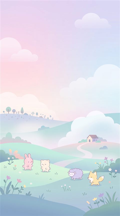 Minimal flat illustration of cute pastel scene with small round animals and clouds, wide shot with open space at the top for text, misty morning haze, dreamy, 9:16 aspect ratio