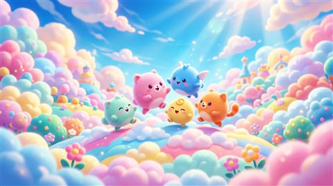 Cinematic film still of cute pastel scene with small round animals and clouds, centered subject with a simple uncluttered composition, vivid colors, high contrast, energetic, 16:9 aspect ratio