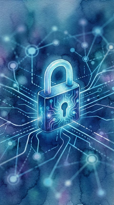 Watercolor illustration of glowing digital padlock with network lines, close-up detail with shallow depth of field, cool blue tones, quiet atmosphere, 9:16 aspect ratio