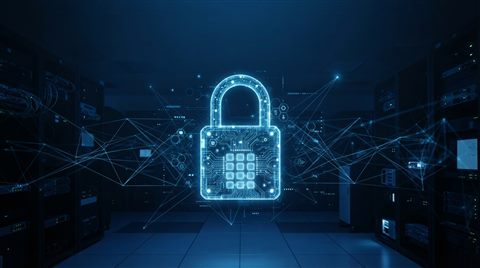 Photorealistic photo of glowing digital padlock with network lines, wide shot with open space at the top for text, cool blue tones, quiet atmosphere, 16:9 aspect ratio