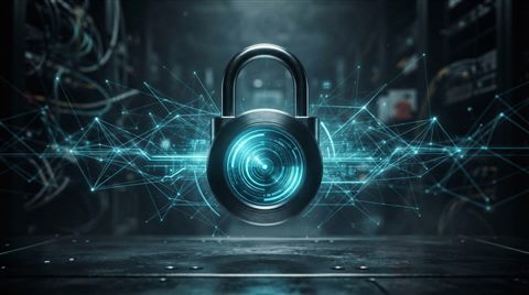 Photorealistic photo of glowing digital padlock with network lines, centered subject with a simple uncluttered composition, moody dark tones, dramatic lighting, 16:9 aspect ratio