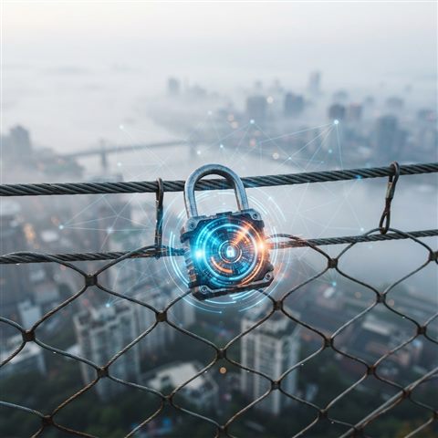 Photorealistic photo of glowing digital padlock with network lines, high-angle view from above, misty morning haze, dreamy, 1:1 aspect ratio