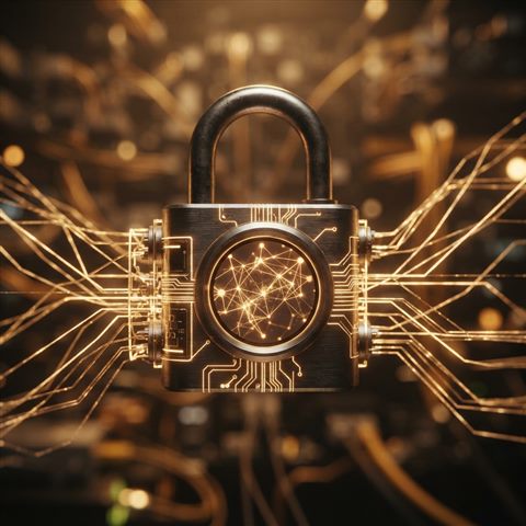 Photorealistic photo of glowing digital padlock with network lines, close-up detail with shallow depth of field, warm golden light, calm mood, 1:1 aspect ratio