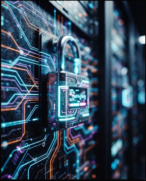 Cinematic film still of glowing digital padlock with network lines, close-up detail with shallow depth of field, vivid colors, high contrast, energetic, 4:5 aspect ratio