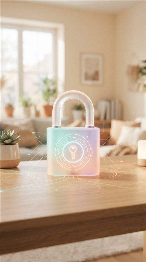 Cinematic film still of glowing digital padlock with network lines, centered subject with a simple uncluttered composition, soft pastel colors, bright and cozy, 9:16 aspect ratio