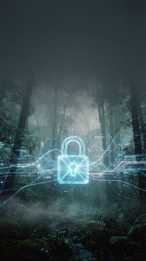 Cinematic film still of glowing digital padlock with network lines, wide shot with open space at the top for text, misty morning haze, dreamy, 9:16 aspect ratio