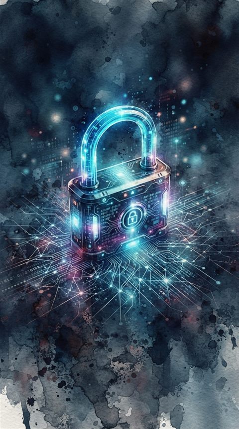 Watercolor illustration of glowing digital padlock with network lines, high-angle view from above, moody dark tones, dramatic lighting, 9:16 aspect ratio