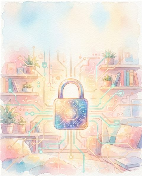 네트워크 선과 빛나는 디지털 자물쇠, 수채화 일러스트, 위쪽에 글자 넣을 여백이 있는 넓은 구도, 부드러운 파스텔 색감, 밝고 포근한 분위기, 4:5 비율