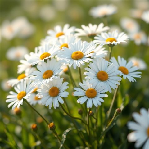 Soft 3D render of A cluster of white daisies blooming vibrantly in a sunlit meadow, close-up detail with shallow depth of field, misty morning haze, dreamy, 1:1 aspect ratio