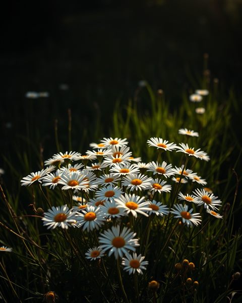 Photorealistic photo of A cluster of white daisies blooming vibrantly in a sunlit meadow, wide shot with open space at the top for text, moody dark tones, dramatic lighting, 4:5 aspect ratio