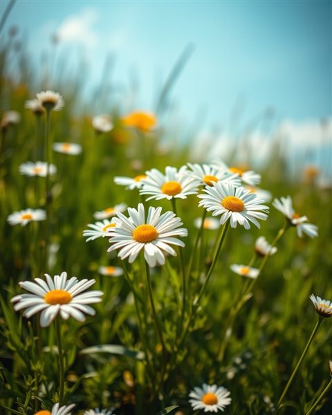 Cinematic film still of A cluster of white daisies blooming vibrantly in a sunlit meadow, wide shot with open space at the top for text, vivid colors, high contrast, energetic, 4:5 aspect ratio