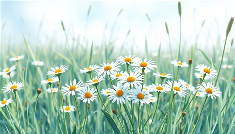 Watercolor illustration of A cluster of white daisies blooming vibrantly in a sunlit meadow, centered subject with a simple uncluttered composition, cool blue tones, quiet atmosphere, 16:9 aspect ratio