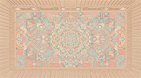 Minimal flat illustration of a seamless traditional Korean dancheong pattern in red, green and blue, high-angle view from above, soft pastel colors, bright and cozy, 16:9 aspect ratio