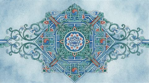 Watercolor illustration of a seamless traditional Korean dancheong pattern in red, green and blue, centered subject with a simple uncluttered composition, cool blue tones, quiet atmosphere, 16:9 aspect ratio