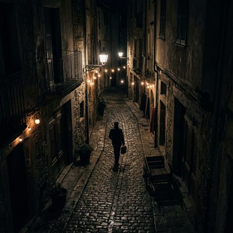 Photorealistic photo of dark moody aesthetic scene with soft glowing lights, high-angle view from above, moody dark tones, dramatic lighting, 1:1 aspect ratio