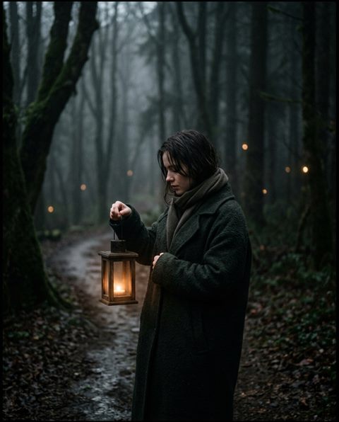 Cinematic film still of dark moody aesthetic scene with soft glowing lights, close-up detail with shallow depth of field, misty morning haze, dreamy, 4:5 aspect ratio