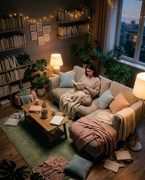 Cinematic film still of dark moody aesthetic scene with soft glowing lights, high-angle view from above, soft pastel colors, bright and cozy, 4:5 aspect ratio