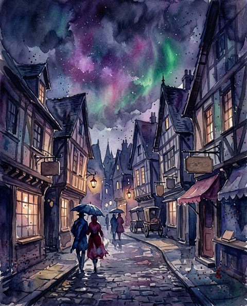 Watercolor illustration of dark moody aesthetic scene with soft glowing lights, wide shot with open space at the top for text, vivid colors, high contrast, energetic, 4:5 aspect ratio