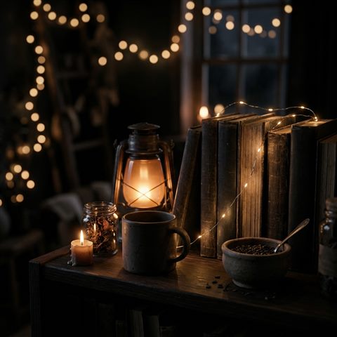 Soft 3d render of dark moody aesthetic scene with soft glowing lights, close-up detail with shallow depth of field, moody dark tones, dramatic lighting, 1:1 aspect ratio