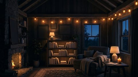 Soft 3d render of dark moody aesthetic scene with soft glowing lights, wide shot with open space at the top for text, warm golden light, calm mood, 16:9 aspect ratio